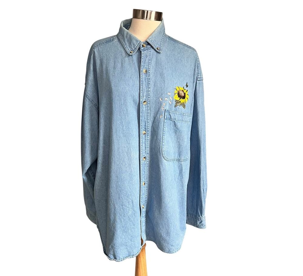 Vintage Marjolein Bastin Denim Button-Down Embroidered Sunflower& Bee Shirt  XL